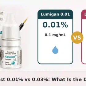 Two comparison cards showing Lumigan 0.01% and Lumigan 0.03% bimatoprost with a Careprost eye drops pack