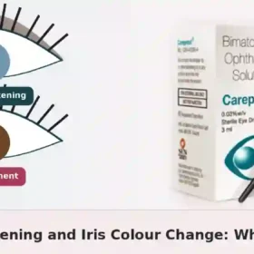 Close-up eye illustration with iris and eyelid shading plus Careprost pack for the article on bimatoprost eyelid darkening and iris colour change
