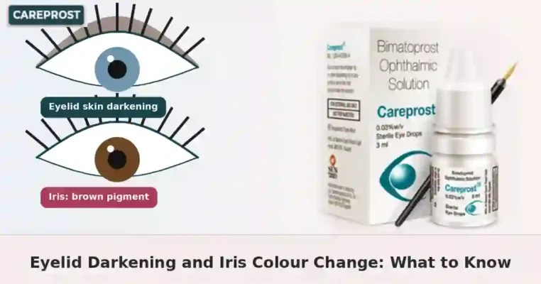Close-up eye illustration with iris and eyelid shading plus Careprost pack for the article on bimatoprost eyelid darkening and iris colour change