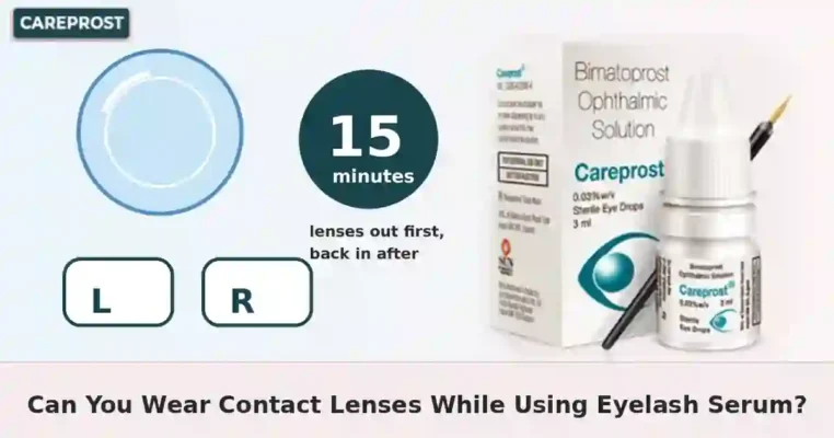 Contact lens illustration with eyelash serum bottle and Careprost pack for the article on wearing contact lenses with lash serum