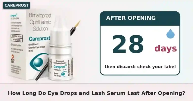 Eye drop bottle with a 28-day calendar illustration and Careprost pack for the storage guide on how long eye drops and lash serum last after opening