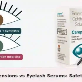 Side-by-side illustration comparing eyelash extensions and eyelash serum with a Careprost pack for the safety comparison article