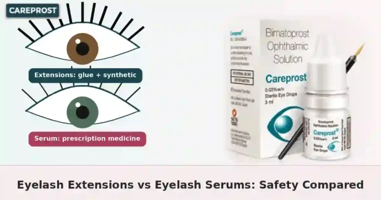 Side-by-side illustration comparing eyelash extensions and eyelash serum with a Careprost pack for the safety comparison article