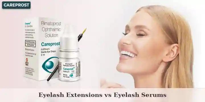 Careprost bimatoprost eye drops box and bottle with a smiling woman, banner for the eyelash extensions vs serums comparison