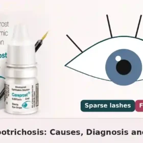 Careprost eye drops pack beside an illustration of an eye with sparse eyelashes, banner for the eyelash hypotrichosis guide