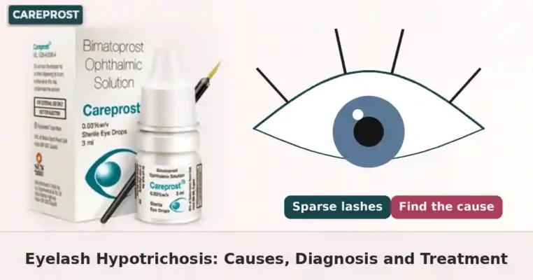 Careprost eye drops pack beside an illustration of an eye with sparse eyelashes, banner for the eyelash hypotrichosis guide