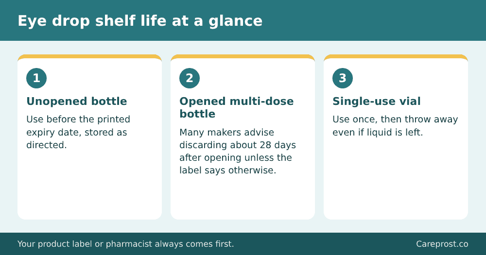Checklist showing eye drop shelf life for unopened bottles, opened bottles and single-use vials