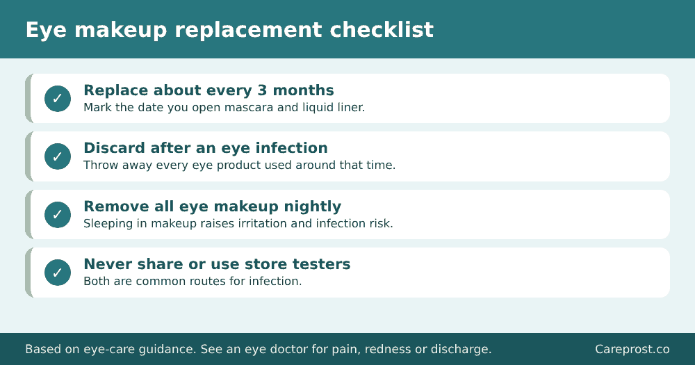 Eye makeup replacement checklist: replace mascara every three months, discard after infection, remove nightly, never share