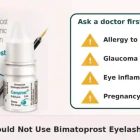 Precaution checklist illustration with warning symbol and Careprost pack for the article on who should not use bimatoprost eyelash serum