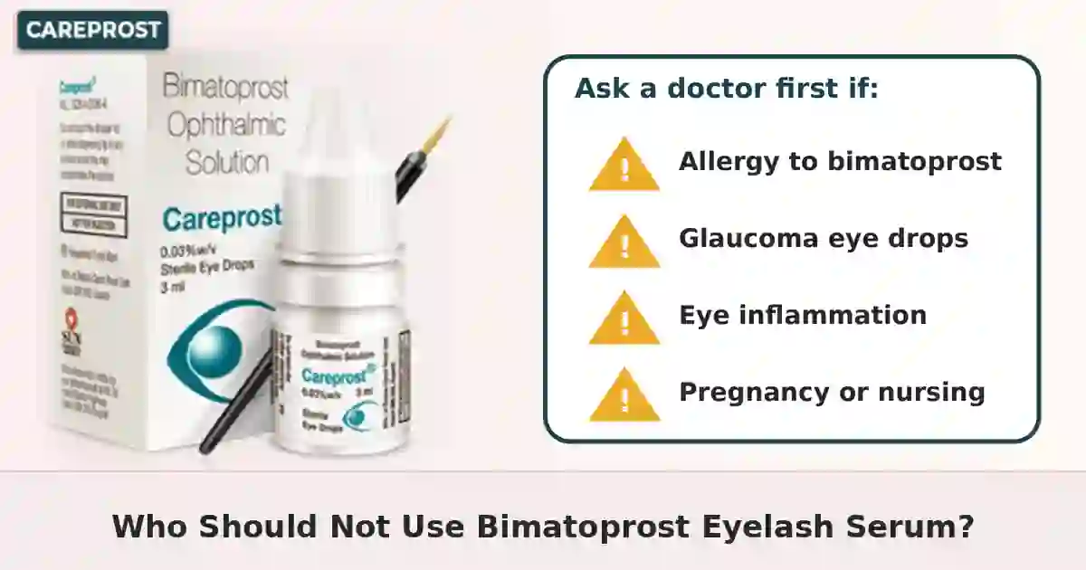 Precaution checklist illustration with warning symbol and Careprost pack for the article on who should not use bimatoprost eyelash serum